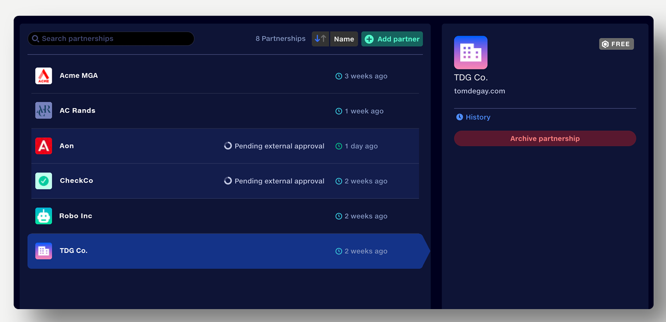 Admin partnerships screen